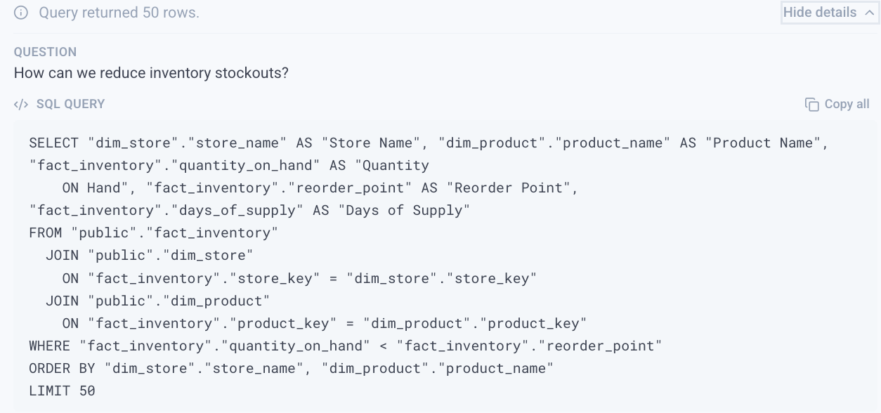 Catalyst showing the SQL query it ran to answer the user's question